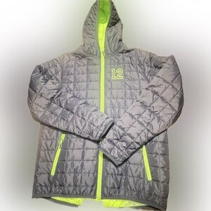 Seahawks puffy coat, zipper pockets, attached hood. Dutch Harbor Gear brand- 2XL